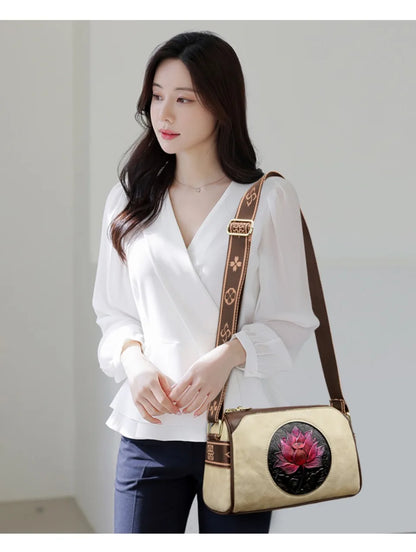 Three Layers Women Handbag Soft Leather Shoulder Crossbody Bags for Women Flower Print Ladies Messenger Bag with WIde Strap