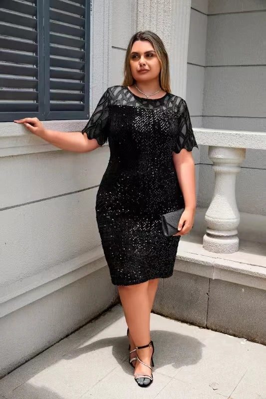 Party Dress Plus Size Ladies Midi Sequin Mesh Long Sleeve Lace Elegant Bodycon L-4XL 5XL Evening Dresses Woman Summer