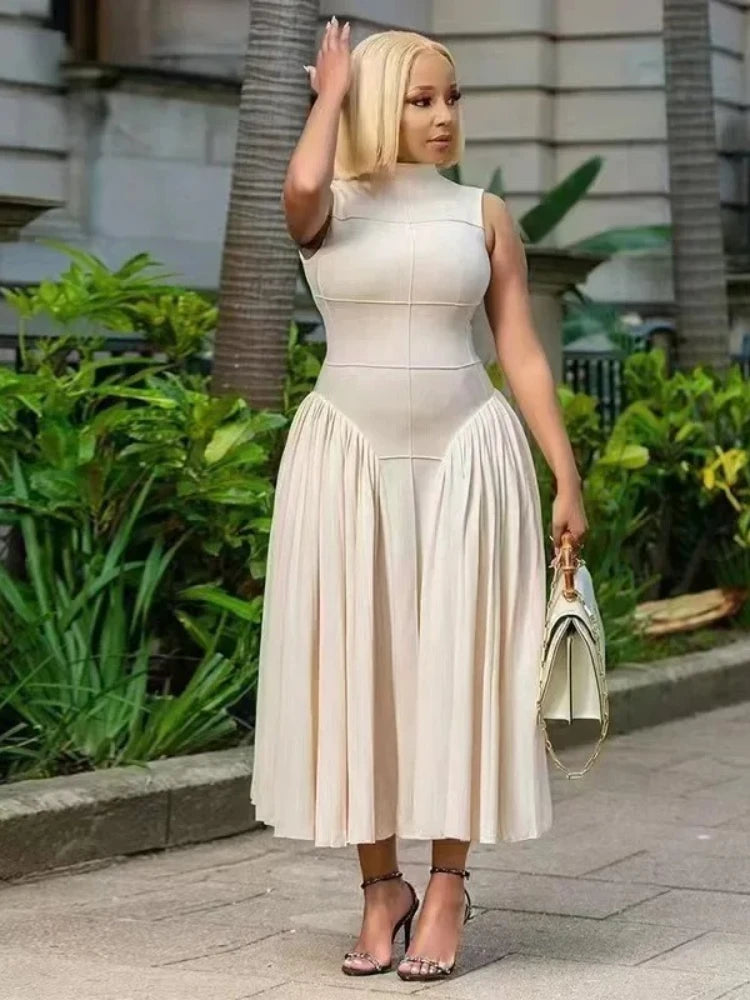 Fashion Women Ruched Side Sleeveless Pleated Maxi Dress 2025 Holiday Birthday Sexy Night Club Party Street Long Dresses Black