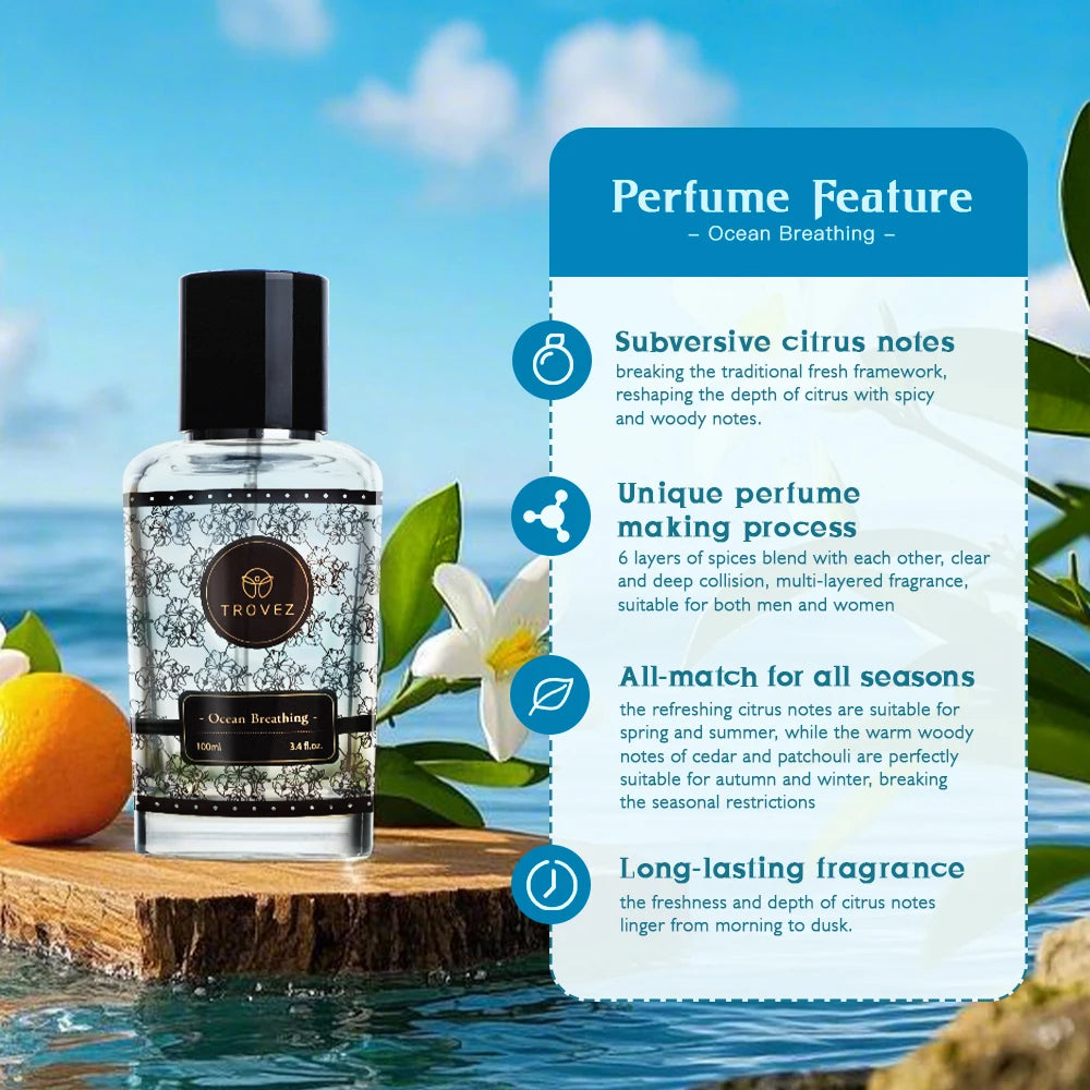 TROVEZ Ocean Breathing 100ml Perfume Elegant Fresh Fragrance Citrus Tone Unisex Perfume Long-lasting Scent Body Spray Scent Gift - Badiee Stylez