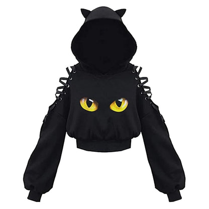 Y2k Gothic Womens Hoodie Cat Ear Crop Top Hooded Sweatshirt Hollow Out Lace Up Long Sleeve Hodded Casual Pullover Autumn C