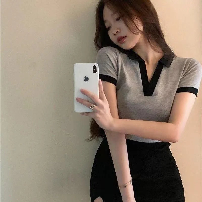 Summer Fashion Y2K T-shirt Woman Patchwork Polo Tee Shirt Femme Sexy OL Clothes Women Short Sleeve V-neck Tshirts Tops Grey