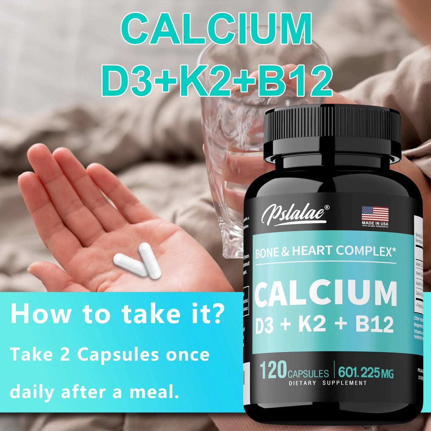 4-in-1 Calcium Supplement with Vitamin D3 K2 B12 - Supports Bones, Teeth, Heart and Immune System Function