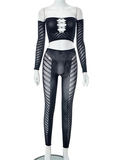 Simenual Baddie Fashion Mesh Tansparent Two Piece Sets Hotsweet Sexy Hollow Out Crop Tops Skinny Pants High Elastic Co Ord Suits