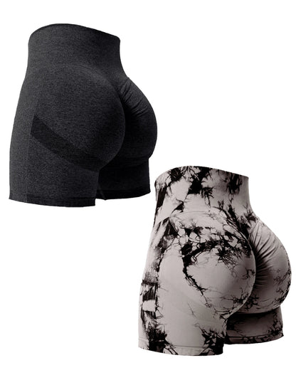 2PCS Tie Dye Butt Lifting Sexy Gym Shorts Woman Skinny Stretch High Waist Sport Shorts Casual Seamless Black Black 2Piece