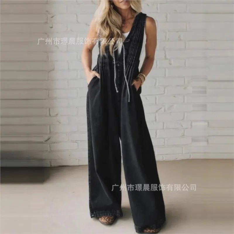 Fashion Casual Jumpsuit Women's 2025 Loose Sleeveless Solid color Pleated Lace-up One Piece Set Romper Pocket Playsuit（no Denim） Badiee Stylez