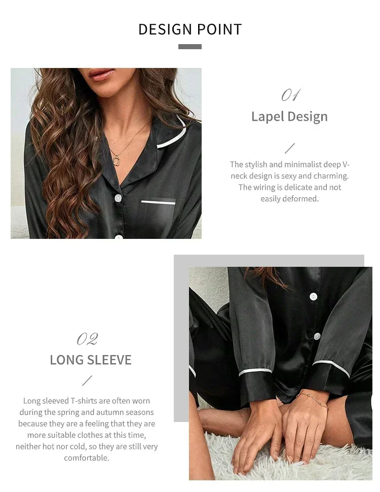 Spring Autumn Silk Pajamas Set for Women Casual Soft Nightwear Long Shirt Tops and Long Pants Cardigan Sleepwear Homewear