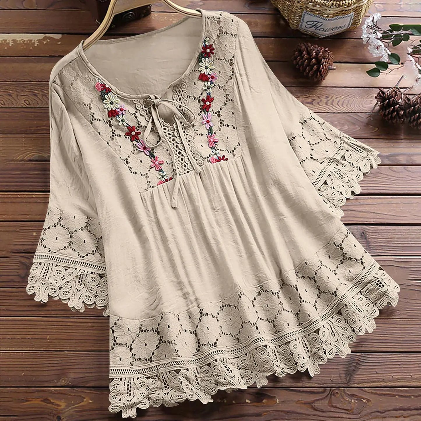 Summer Women Casual Solid Tops Shirt Cotton And Linen Stitching Lace Flower V-neck Loose Top Blouse New Elegant Holiday Shirts creamy-white