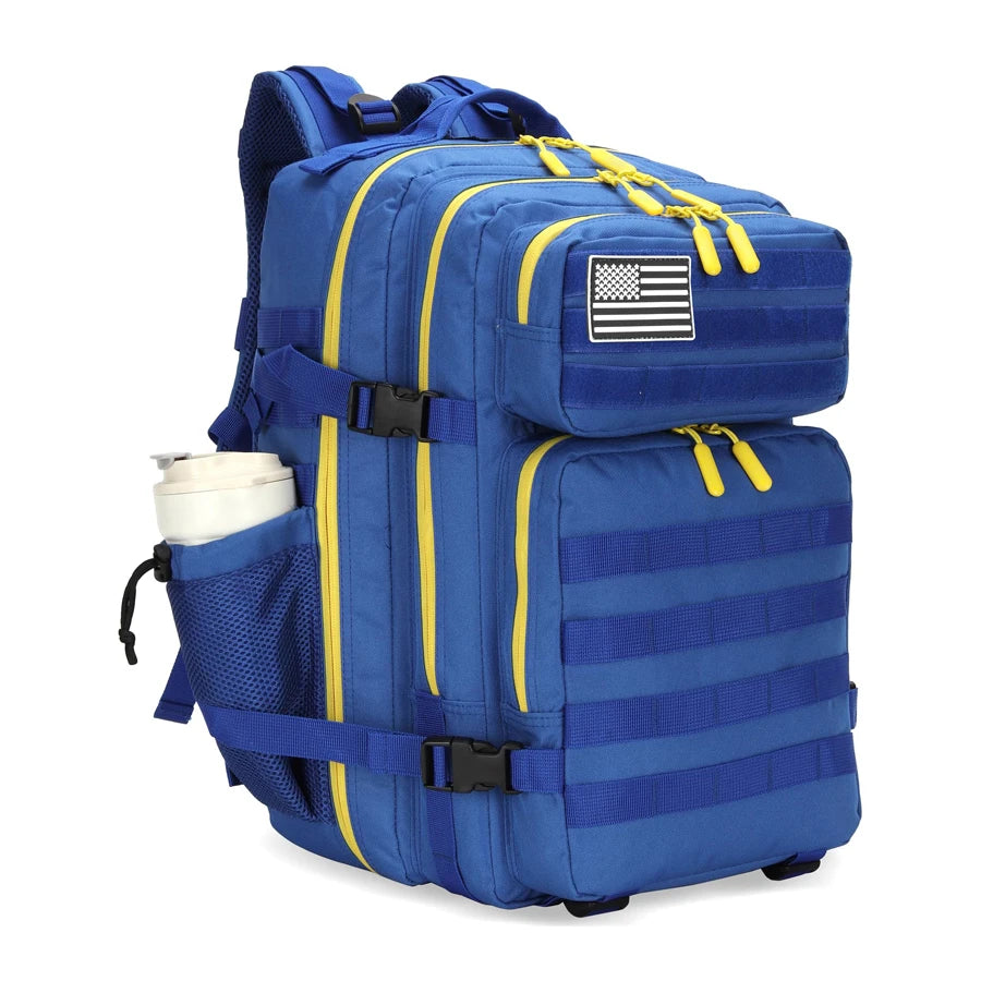 LHI 45L Tactical Backpack for Men and Women Large Athlete Gym Bag Outdoor Sports Hiking Survival Rucksack with Bottle Holder Blue Yellow zip