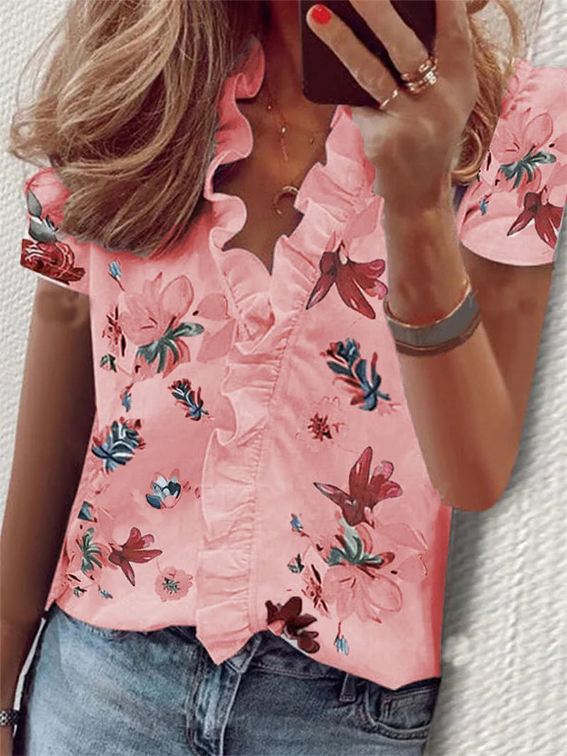 Casual Short Sleeve V-Neck Ruffles Blouses Elegant Office Ladies Shirt Summer Vintage Harajuku Slim Tops Female Boho Tunic Shirt BBL2016 Da Pink Hua