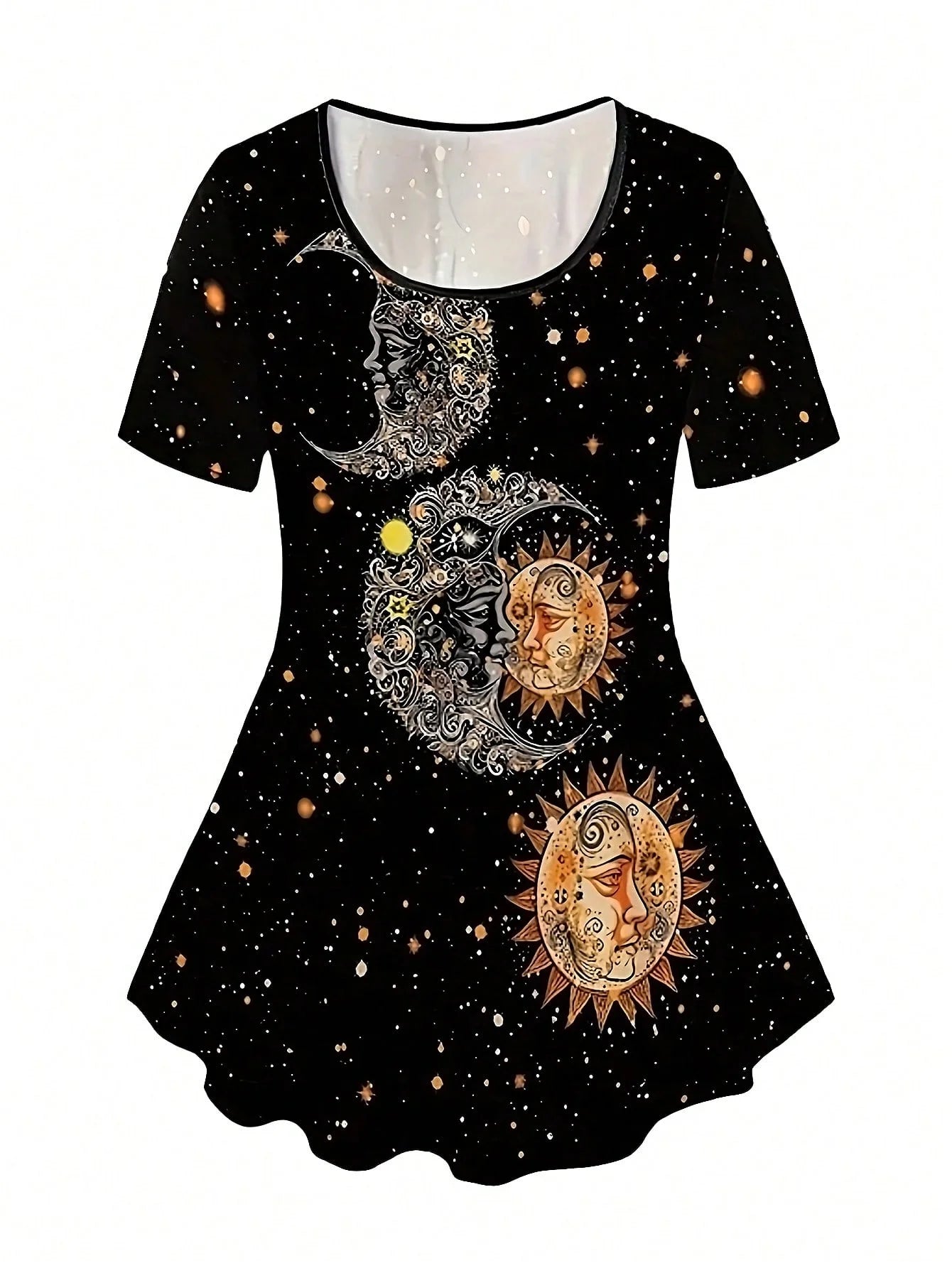 Plus Size Sun & Moon Print Capris Leggings Set, Crew Neck Short Sleeve T-shirt & Capris Leggings, Women's Plus Size Clothing