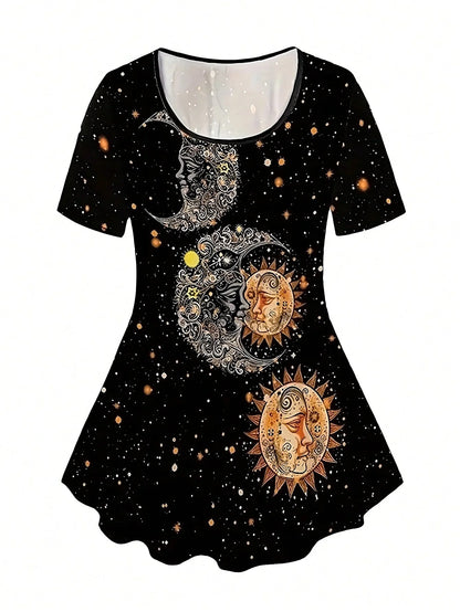 Plus Size Sun & Moon Print Capris Leggings Set, Crew Neck Short Sleeve T-shirt & Capris Leggings, Women's Plus Size Clothing