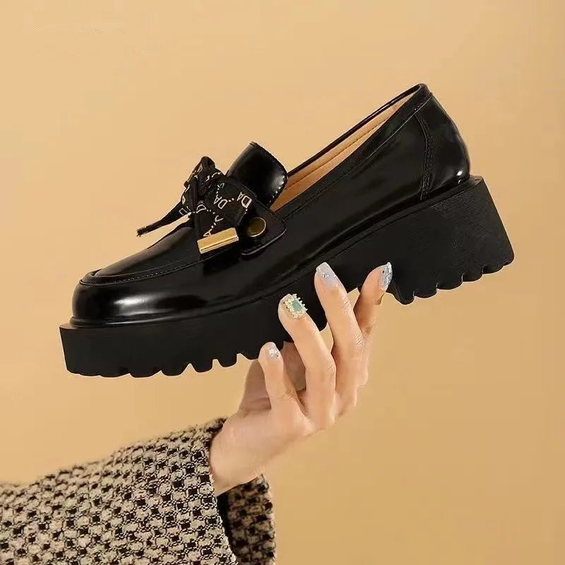TOPHQWS British Style Women's Loafers High Quality Leather Mary Janes Shoes Retro Round Toe Lolita Platform Shoes Slip On Flats