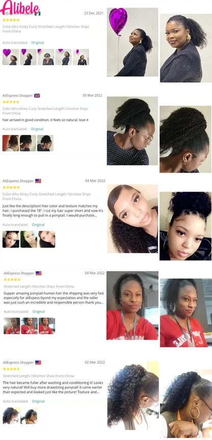 Alibele Mogolian Afro Kinky Curly Drawstring Ponytail Human Hair Extensions 4B 4C Remy 10-28inch Long Clip In Ponytail Extension