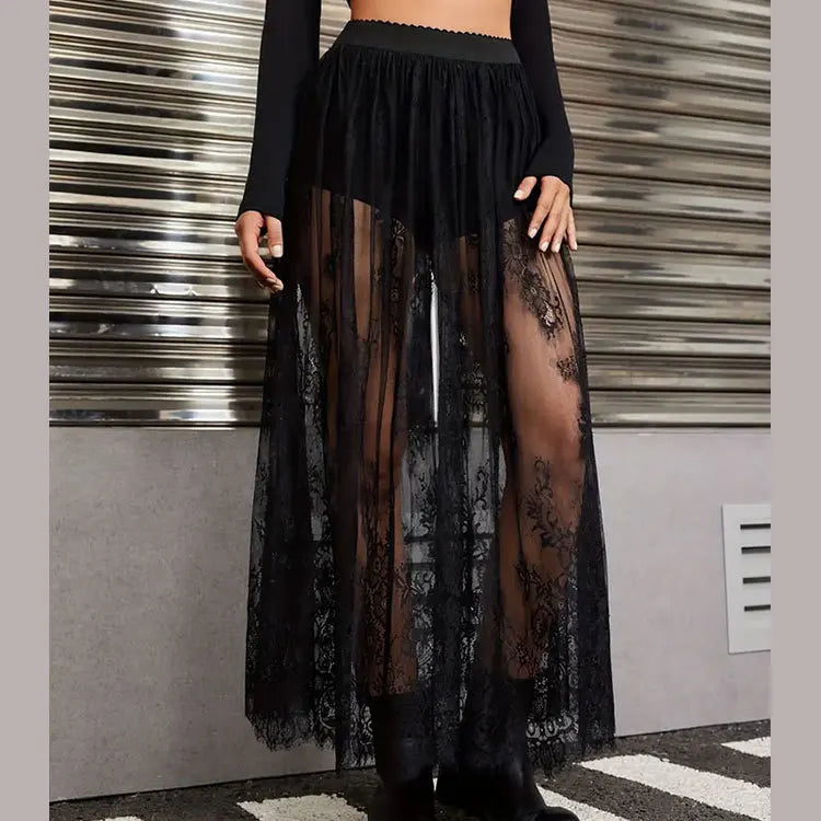 Y2k Black Mesh Long Gothic Skirt Women 2025 Summer High Waist Transparent Maxi Skirt With Shorts Lady Sexy White Lace Goth Skirt