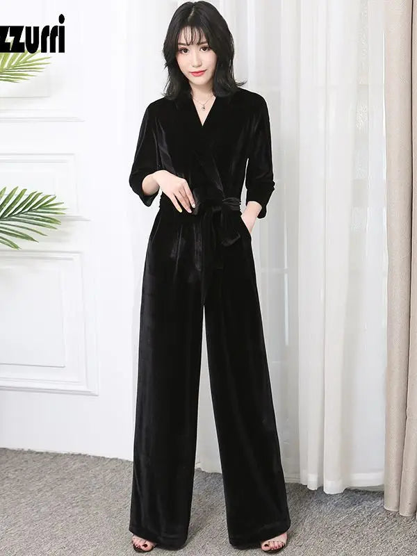 Nerazzurri Spring Autumn Long Soft Flowy Red Velvet Jumpsuit Women with Sleeves Sashes Maxi Black Wide Leg Floor Length Clothes Badiee Stylez