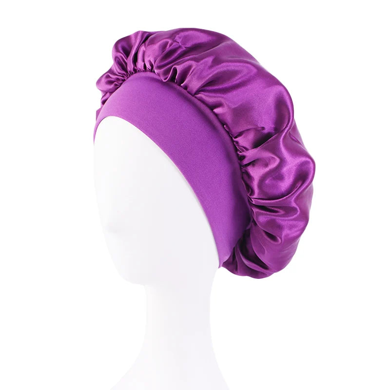 Women's Satin Solid Bonnets Wide-brimmed Night Sleeping Bathing Hat Unisex Head Wrap Elastic Band Cap Hair Care Bonnet dark purple One Size
