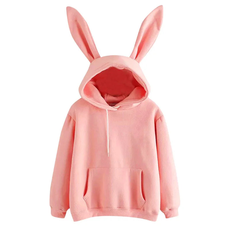 2025 autumn and winter new women's clothing Harajuku Wei hooded rabbit hoodie solid color loose casual women's top women's coat Pink
