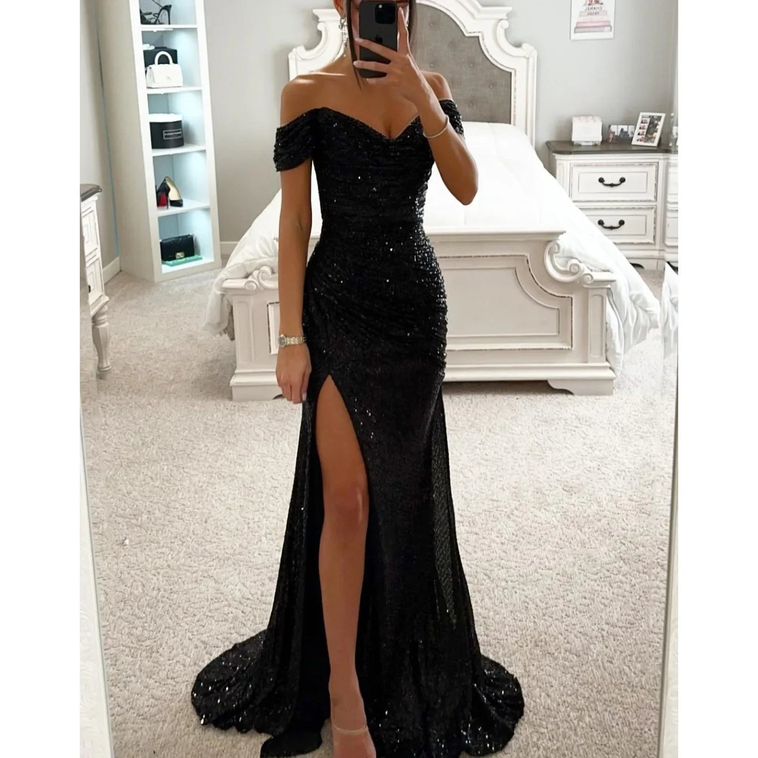 Womens Dresses New Party Sequin One Line Neckline Slit Dress Casual Fashion Dress for Women Black
