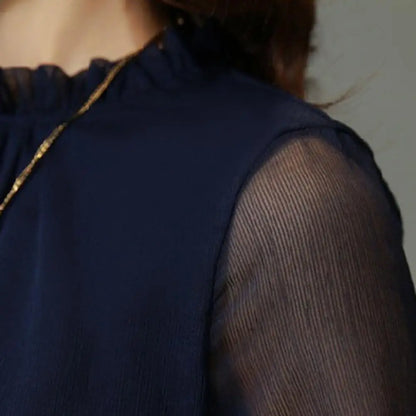 Perspective Net Mesh Sleeve Office Shirt Top Elastic Cuffs Women Shirt Elegant Ruffle Collar Blouse Solid Color Chiffon Shirt