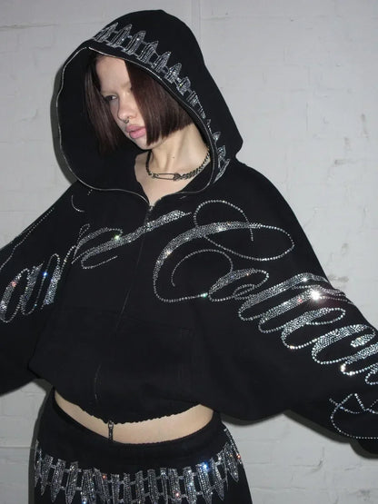 Y2K Streetwear Letters Rhinestone Sequin Hoodie Sweatpants Two Piece Set Sweatpants Women Oversized Sweatshirt Casual Pants Set