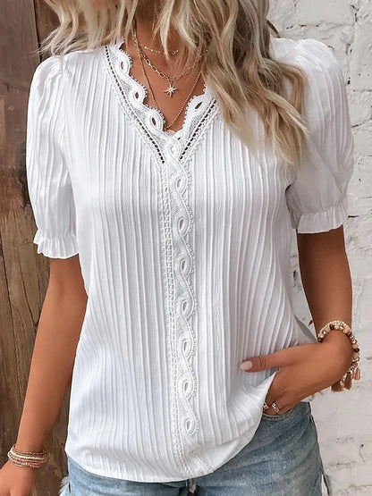 Sexy V Neck Patchwork Blouse Shirts Summer Female Short Lantern Sleeve Holiday Loose Blouse Tops SZE-ST23053 White