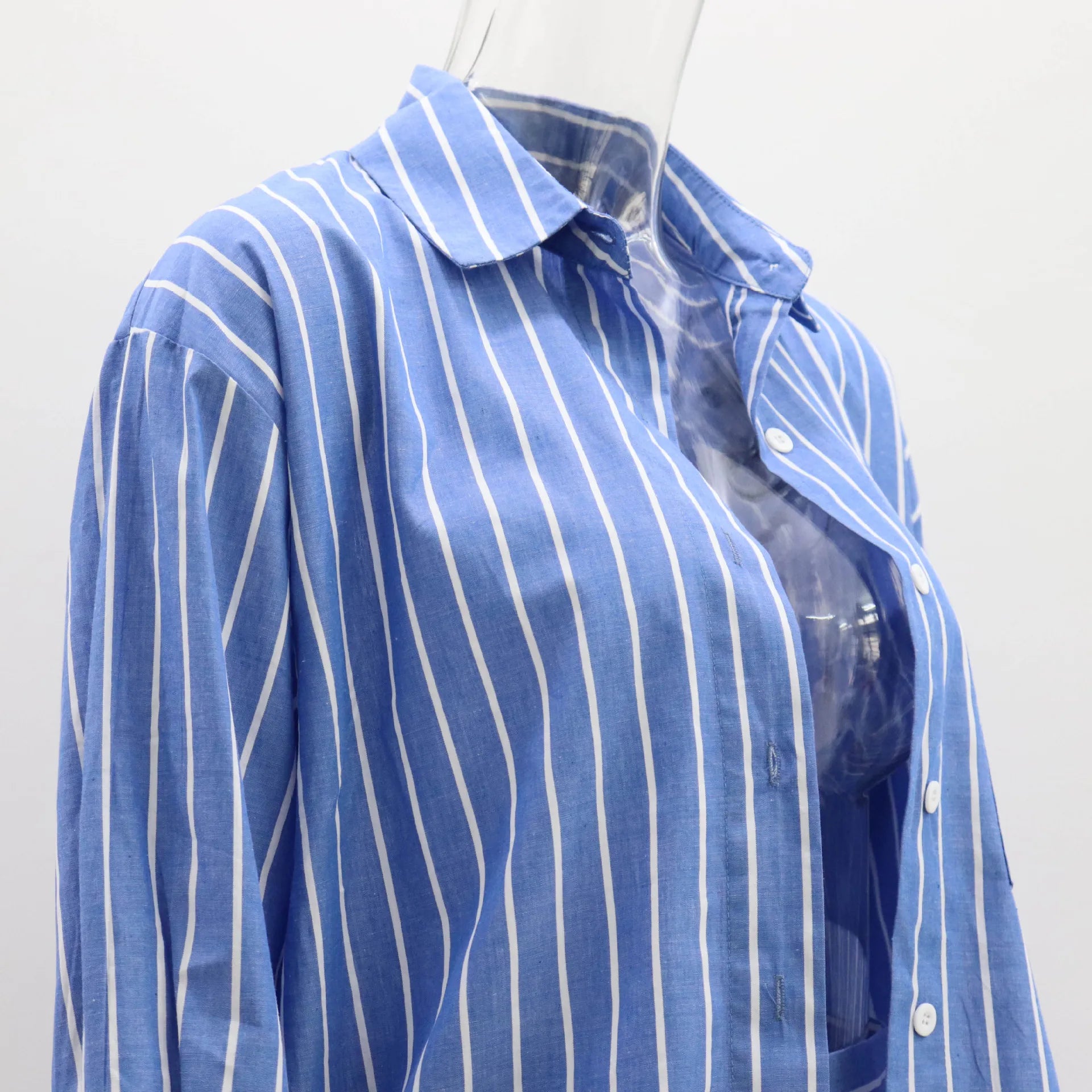 Striped Two Pieces Shorts Set Summer Long Sleeve Turn Down Collar Button Cotton Long Shirts Tops Women Clothing Casual Outfits