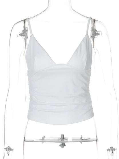 Hugcitar V Neck Solid Ruched Sexy Slim Y2K Crop Tank Top Summer Women Fashion Casual New Clothes Streetwear Beach Vacation