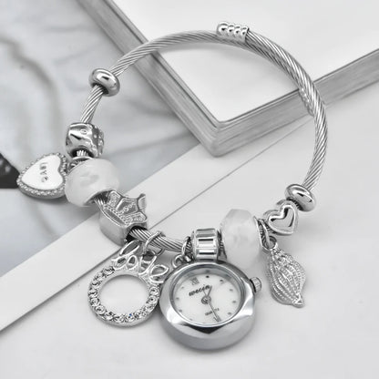 Fashion Women's Bracelet Watch Love with stylish decor refined round quartz watch silvery casual elegance Silvery-3