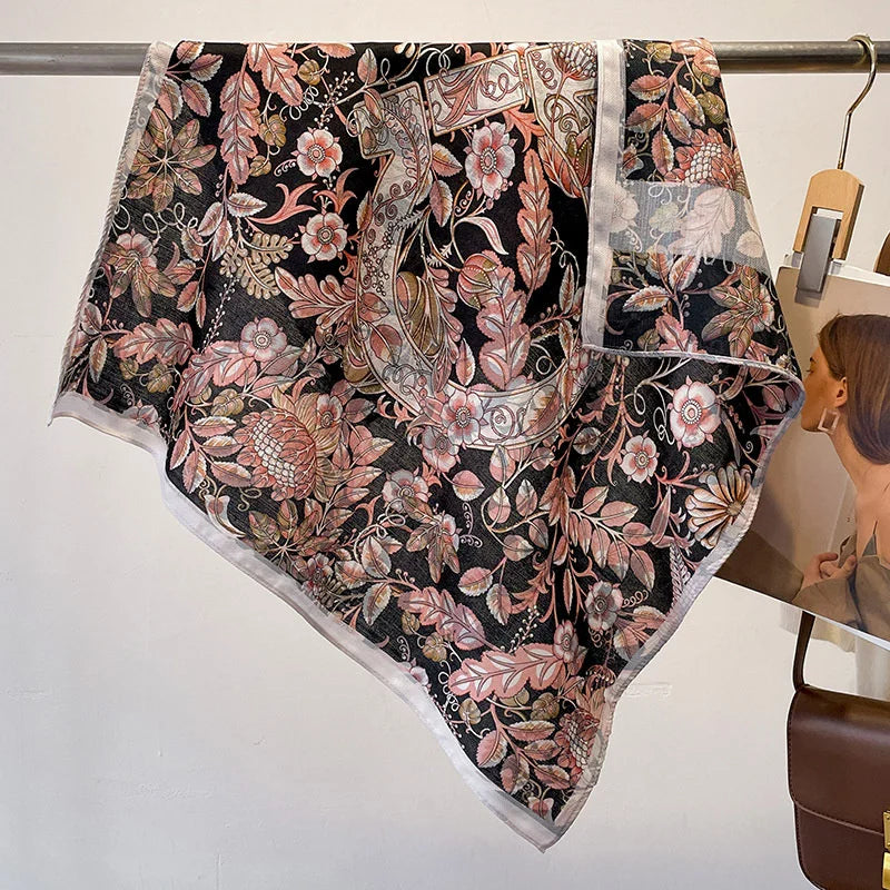 Fashion 70cm Cotton Square Scarf Women Floral Print Design Bandanas Lady Scarves Headband Accessories Handkerchief Hair QME169-01 65x65cm