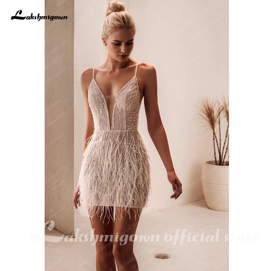 Lakshmigown Sexy Deep V-neck Wedding Dress For Bride Backless Feathers Bridal Gown Vestido De Novia Shiny Customized Badiee Stylez
