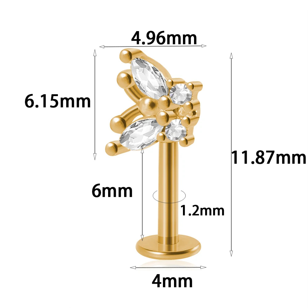 361L Surgical Steel Marquise Vertical Post Helix Piercing Crown/Butterfly Earrings Cartilage Helix Stud Body Piercing Jewelry 1PC Gold Style B