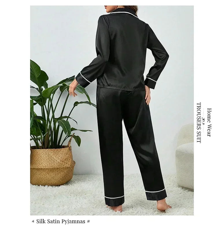 Spring Autumn Silk Pajamas Set for Women Casual Soft Nightwear Long Shirt Tops and Long Pants Cardigan Sleepwear Homewear