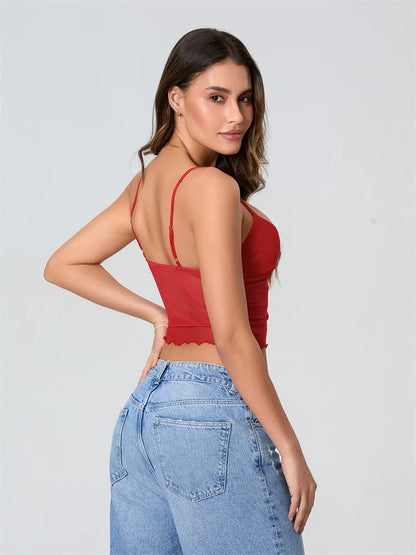 Women Camisole Tops Spaghetti Straps Tulle Patchwork Slim Fit Tank Tops Party Club Sexy Vinateg Corset Cropped Top Summer