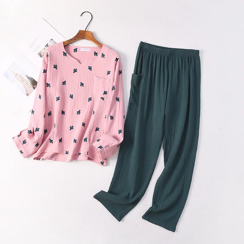 New Japanese style spring and autumn ladies cotton crepe cloth long-sleeved trousers pajamas cactus comfortable home service Bean Paste Powder