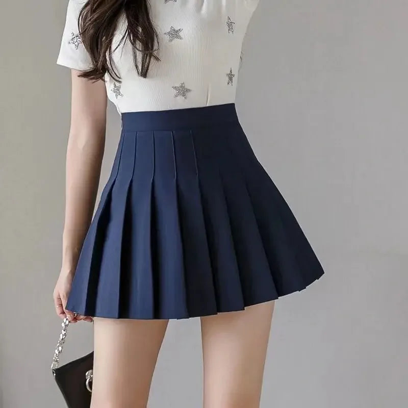 2024 Summer New High Waist Slimming Solid Color A-line Skirt Women's Fashion Sports Tennis Badminton Academy Style pleated skirt dark blue