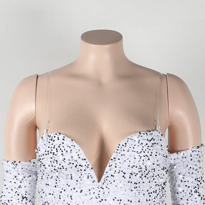 Women's Elegant Sequined Feather Slim Patchwork Bodysuits Spring Summer New Sexy Bodysuits Women Long Sleeve Backless Bodysuits