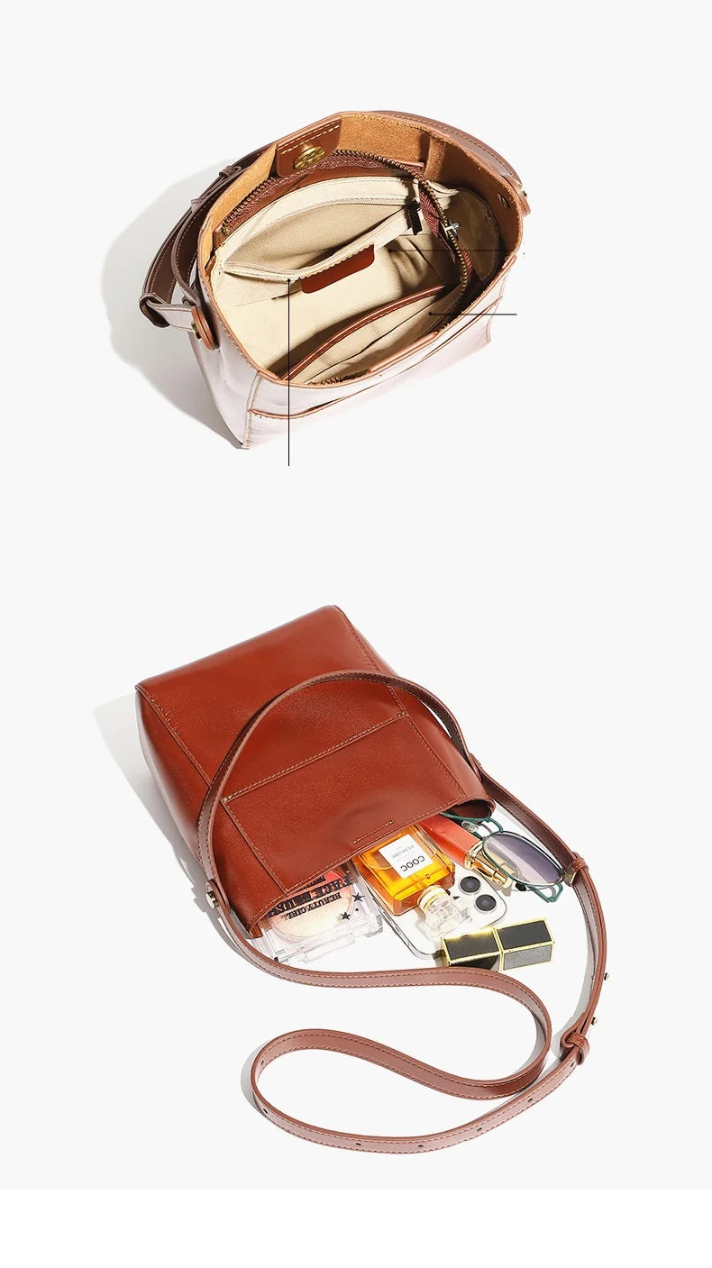 Toptrends Korean Style Bucket Genuine Leather Shoulder Bags For Women 2025 Luxury Designer Crossbody Purses Tote Ladies Handbags