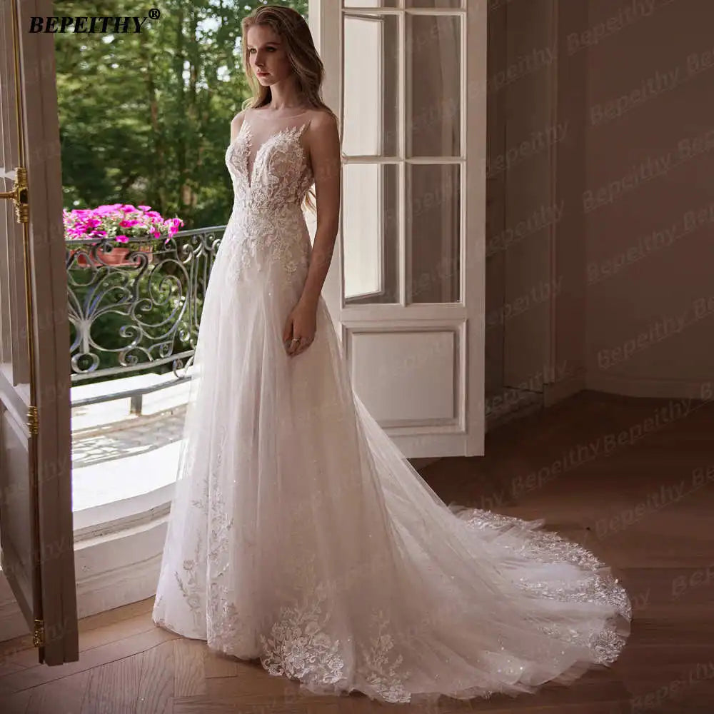 BEPEITHY Customized Strapless A Line Off Shoulder Long Sleeves Bride Ivory Wedding Dresses Glitter Court Train Bridal Gown 2025 Badiee Stylez