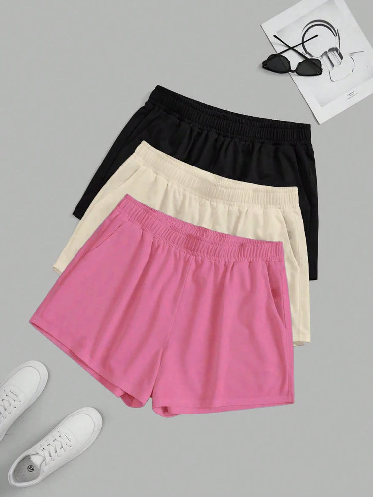 Plus Size Women's Elastic Waist Biker Shorts 3 Piece Running Workout Yoga Shorts Best for Summer Polyester Rose