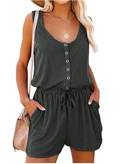 European and American Women's Summer Cross-Border New Sleeveless Jumpsuit With Waist Tied Casual Loose Wide leg Shorts Badiee Stylez