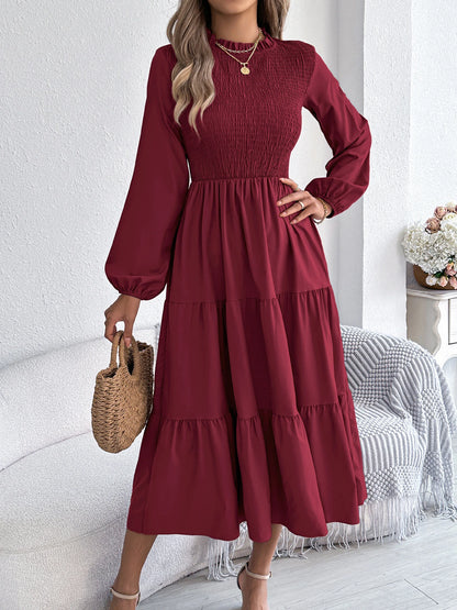 Autumn Winter Elegant Dresses for Woman Solid Color Round Neck Long Sleeve Ruffled Dresses Khaki Green Red
