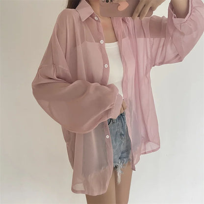 Semi Sheer Long Sleeve Shirt for Women Shimmer Button Down Collared Plain Lightweight Shirt Spring Summer Chic Tops Outfit