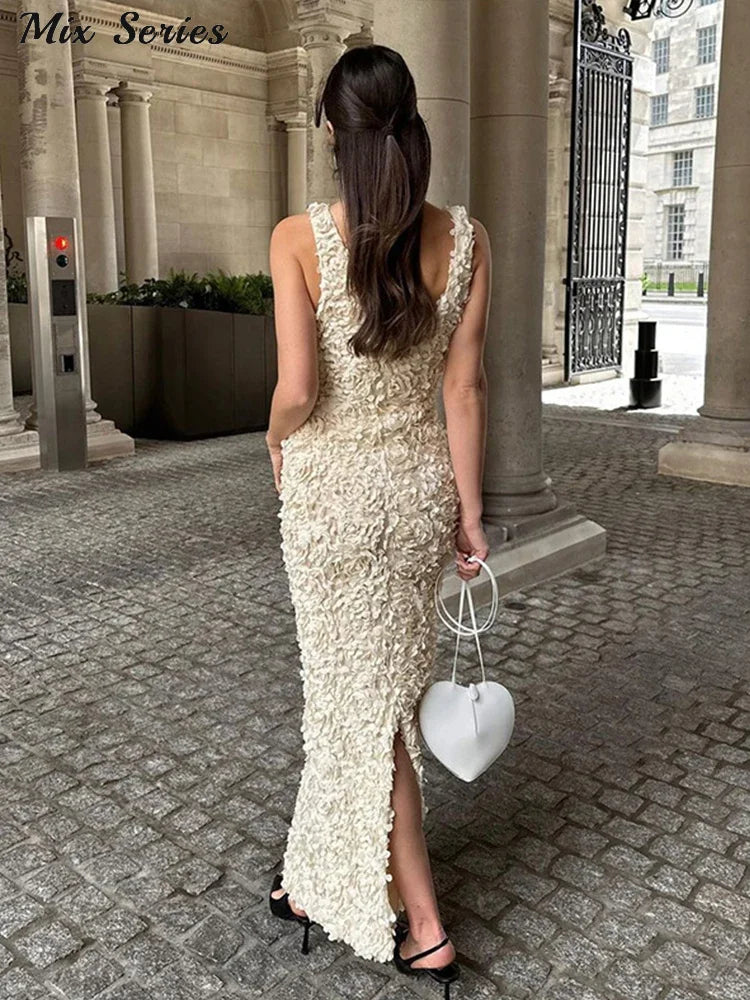 Sexy 3D Flower Deep V-neck Dress Women Slim Sleeveless Backless Split Hip Package Midi Dresses 2025 Spring Ladies New Vestidos