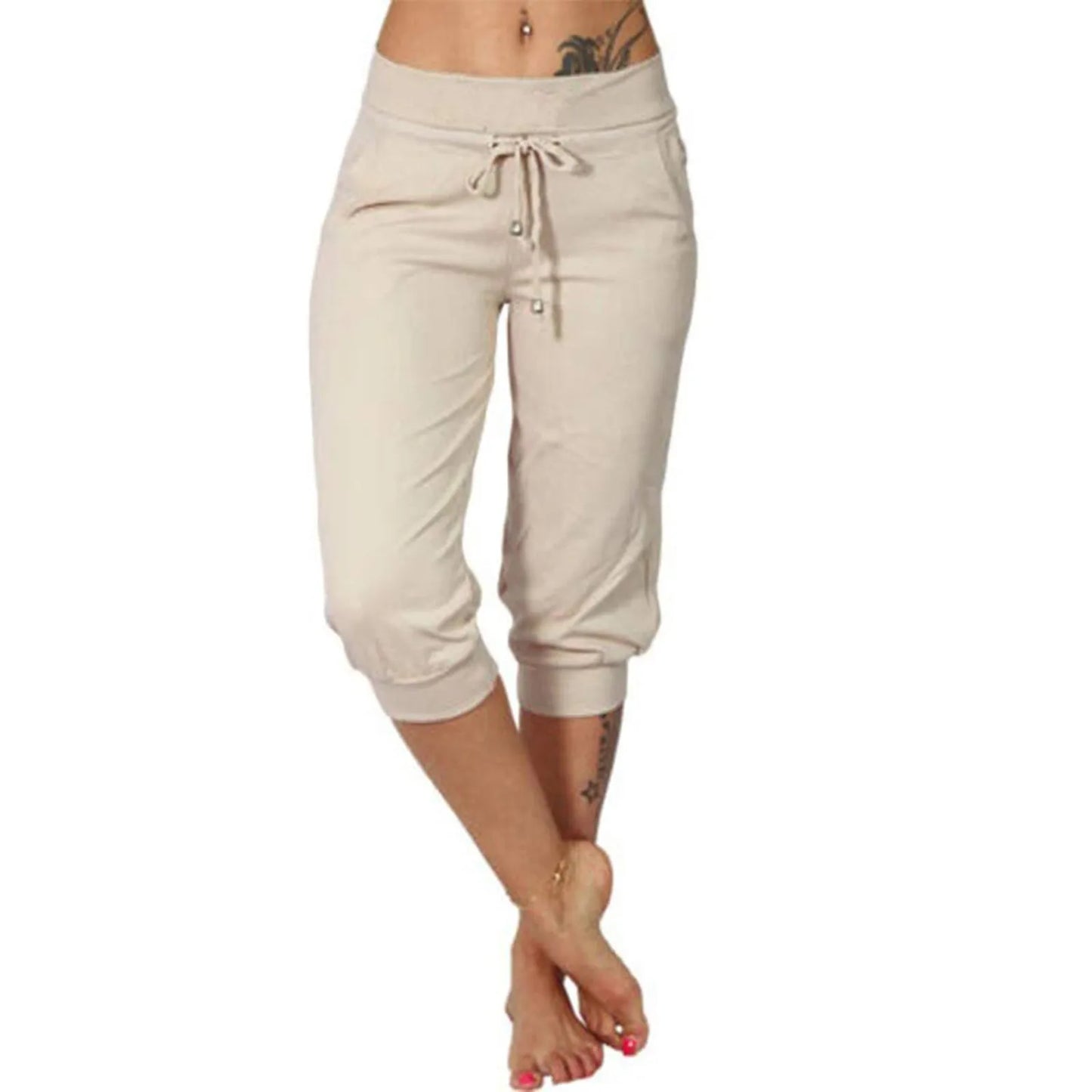 Classic Solid Color Jogging Pants Women Cotton Linen Capris Trousers Bandage Double Pocket Pants Summer Beach Vacation Wear Beige