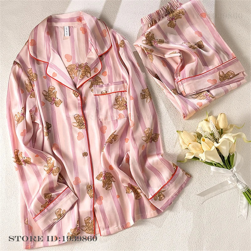 Women Long Sleeve Pajamas 2PCS Set Spring Summer New Sleepwear Loungewear Fashion Stripes Pyjama Pour Femme Loose Satin Homewear Pink Pajamas 18