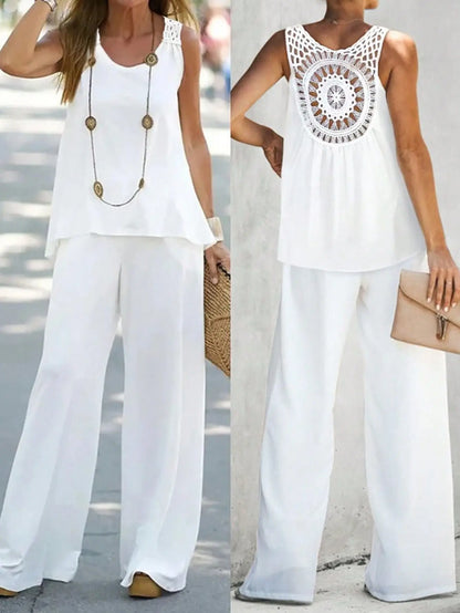 Hollow Out 2 Piece Sets Women Lace Sleeveless Top Wide Leg Pants Set Solid Color New Matching Sets 2 Piece Sets Women New 2024
