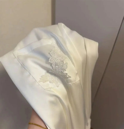 Female Pajamas Set White Satin Lace Trim Bride Wedding Sleepwear Gift Homewear Sexy Loose Long Sleeve Trouser Suit Loungewear