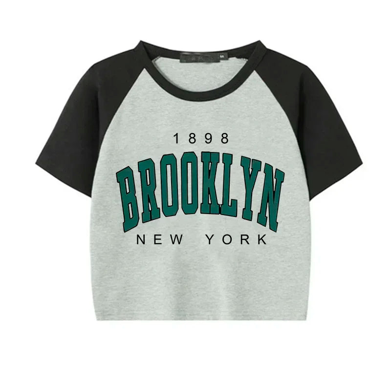Women Brooklyn 1898 Letter Print Crop Tops Y2k T Shirt Harajuku Cropped Tshirt Funny Graphic T-shirt Korean Style Clothes Female 40919