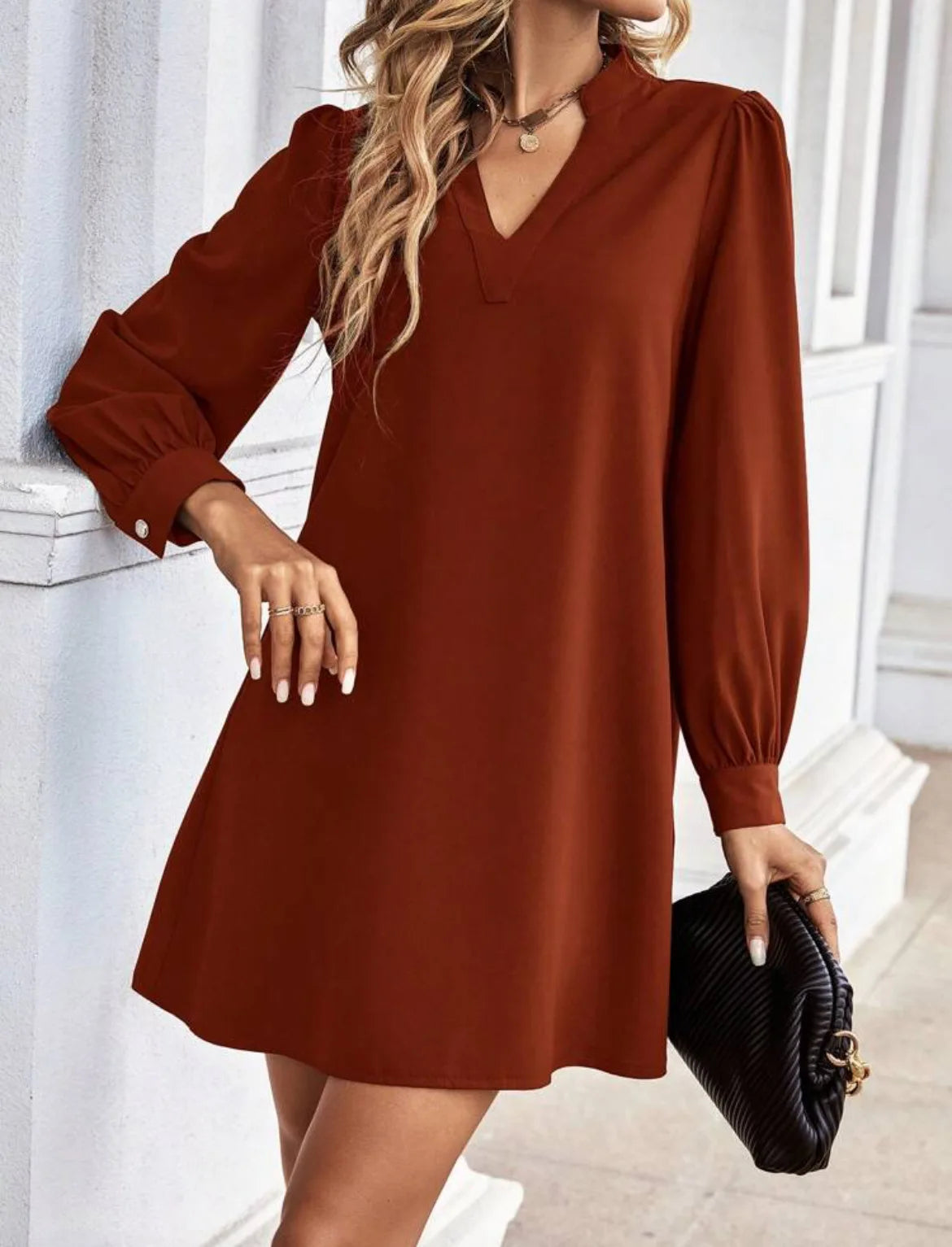 Office Lady Shirt Style Dresses Women's V-neck Long Sleeved Mini Dress Spring Autumn Solid Color Work Clothes